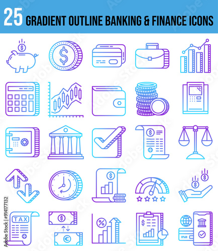 Banking & Finance - Editable Icons set. Vector illustration in modern thin line gradient style of banking-related icons: currency, bank, graph and more.