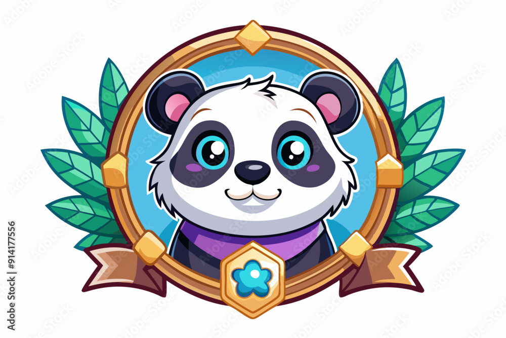 Fototapeta premium Cute Panda in a Golden Frame with Green Leaves and a Ribbon