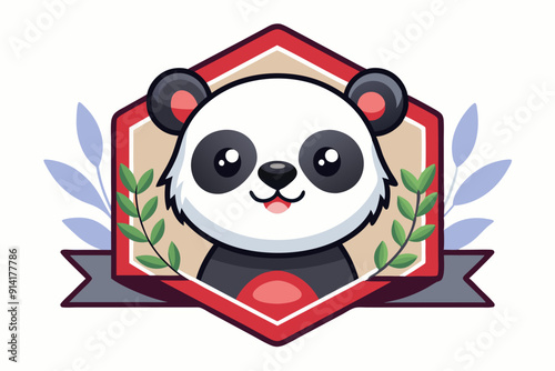 Cute Cartoon Panda Bear in a Hexagon Frame with Leaves
