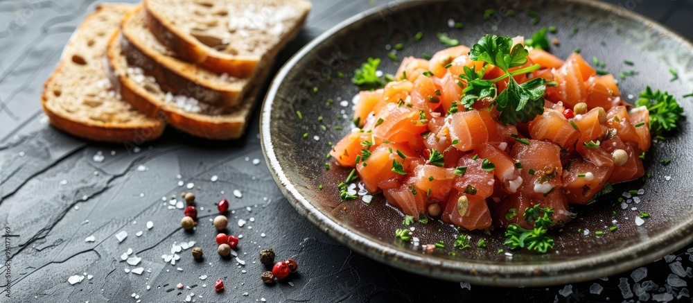 Salmon tartar on a plate with brown bread slices photographed horizontally on a black stone backdrop allowing room for text or images. Creative banner. Copyspace image Salmon tartar on a plate with brown bread slices photographed horizontally on a black stone backdrop allowing room for text or images. Creative banner. Copyspace image