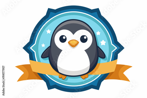 Cute Cartoon Penguin with Blue and Orange Badge