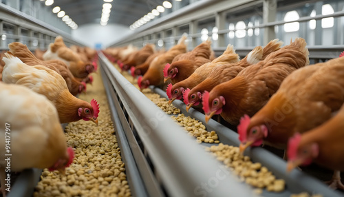 Chickens Feeding in a Modern Poultry Farm with Automated Feeding System photo