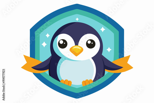 Cute Cartoon Penguin in a Shield Shape with Stars
