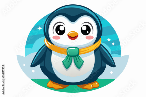 Cartoon Penguin Wearing a Yellow and Green Scarf