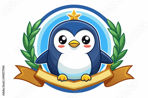 Cute Cartoon Penguin with a Star and Laurel Wreath