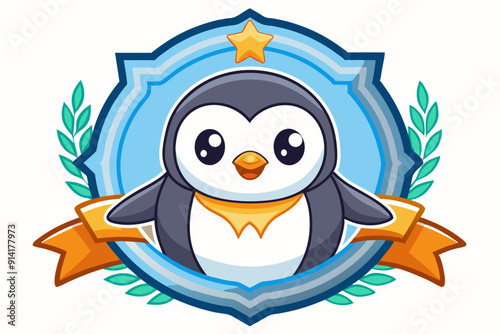 Cartoon Penguin Inside a Circular Badge with a Star and a Ribbon