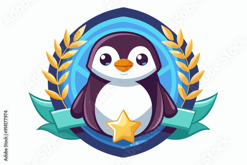 Cute Penguin with Laurel Wreath and Star Award