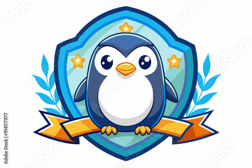 Cartoon Penguin Mascot with Blue Shield and Yellow Ribbon