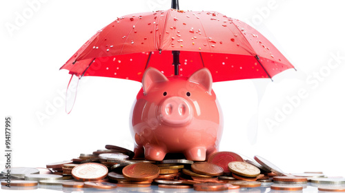 A pink piggy bank with money and red umbrella on transparent background