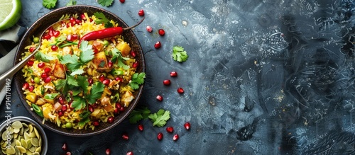 Enhance your Indian breakfast Poha with colorful toppings like pomegranate seeds green chili coriander and curry leaves for a visually appealing dish with copy space image photo