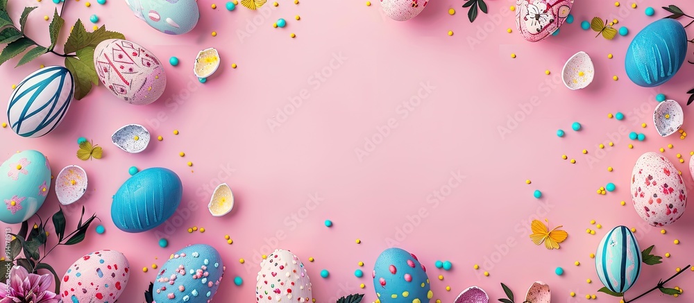 Flat lay view of Easter decorations creating a colorful Happy Easter holiday background with copy space image Flat lay view of Easter decorations creating a colorful Happy Easter holiday background with copy space image