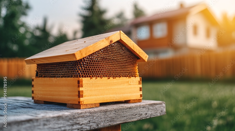 Wooden Beehive with Honeycomb in Garden.