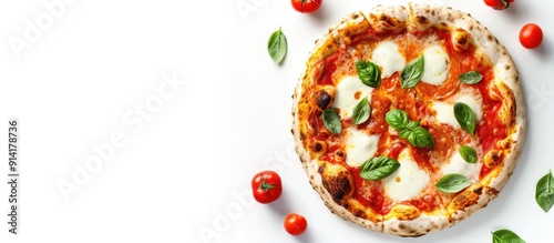 Top view of a margherita pizza with copy space image presented on a white background