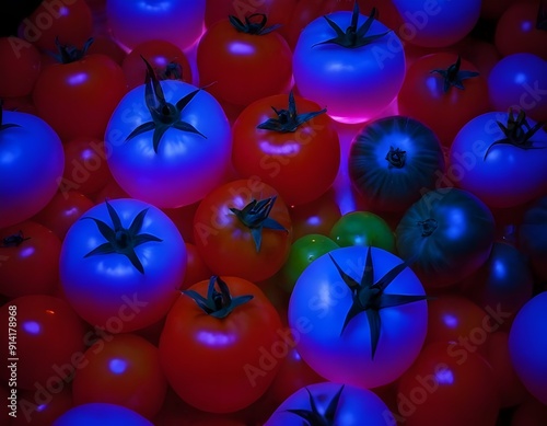 Freshly Harvested Red Tomatoes Displayed on a Vibrant Red Background in a Market Setting