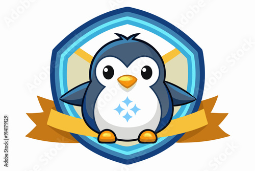 Cartoon Penguin Inside a Shield with a Yellow Ribbon