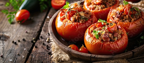 Stuffed tomatoes with a mix of pork beef and chicken served as a delicious second course baked and placed on a rustic table with a copy space image in the background photo