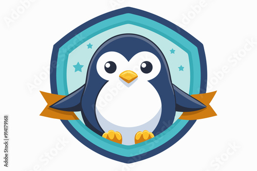 Cartoon Penguin Inside a Shield with Stars and Ribbons