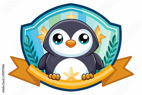 Cute Cartoon Penguin with Starfish in a Shield Badge