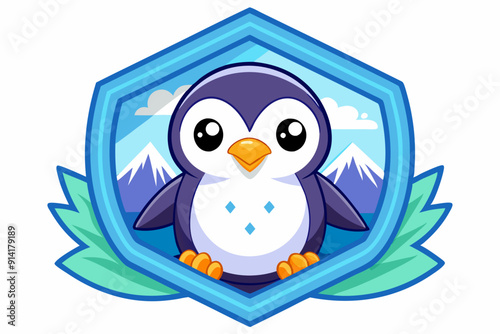 Cute Cartoon Penguin in a Blue Hexagon Shield with Mountain Background