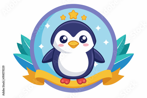 Cute Cartoon Penguin with Yellow Stars and Ribbon