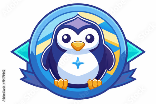 Cartoon Penguin in Blue and Yellow Circle Emblem