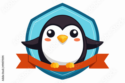 Cartoon Penguin Holding a Red Ribbon Banner