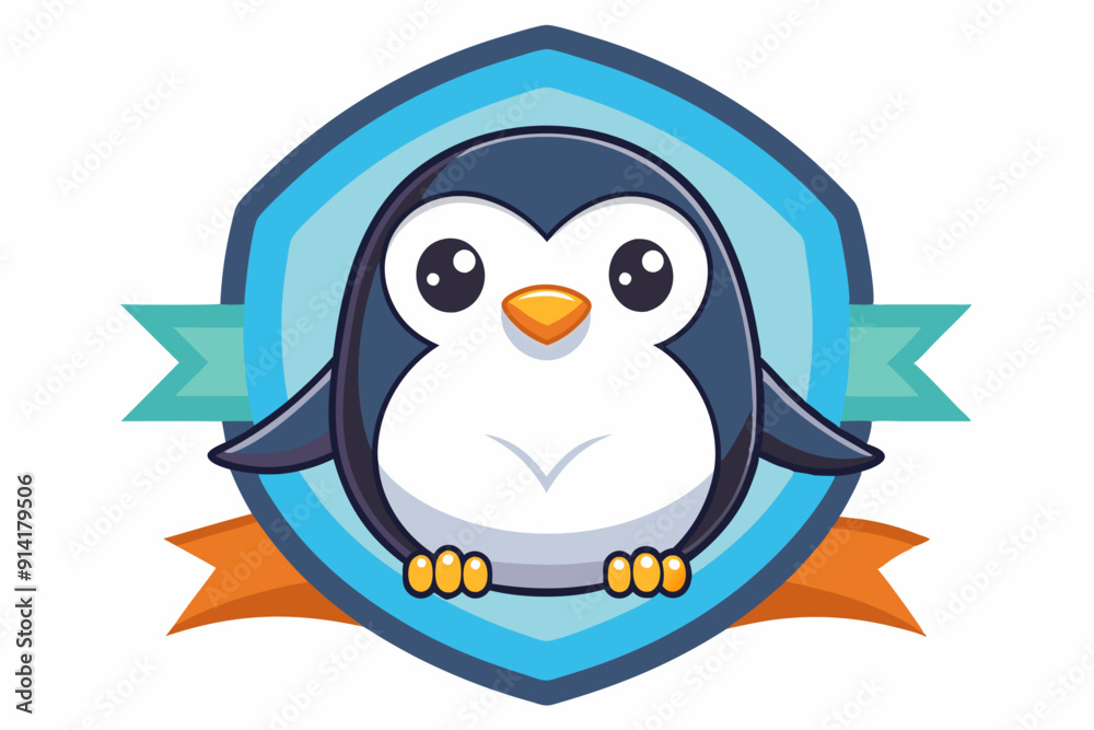 Naklejka premium Cartoon Penguin with Cute Eyes in a Blue Shield with Ribbons