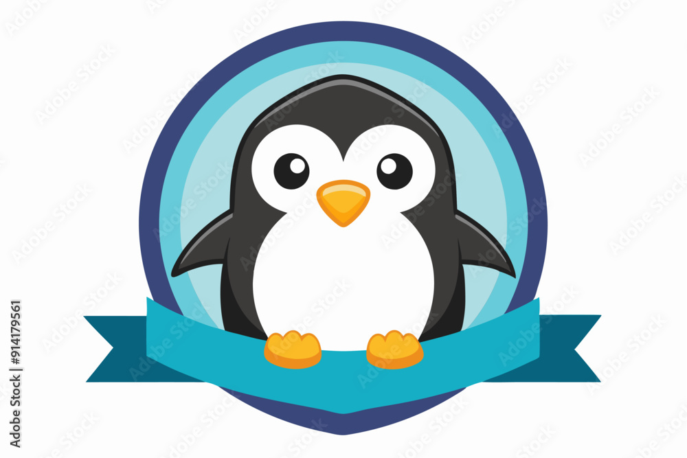 Obraz premium Cartoon Penguin with Blue and Teal Ribbon Banner