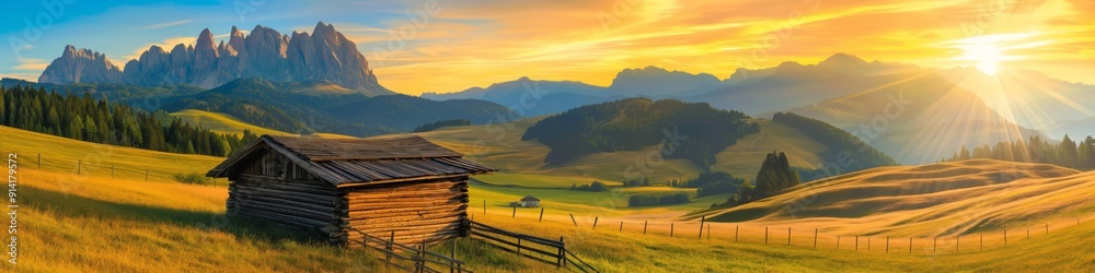 A small cabin is nestled in a grassy field with a beautiful sunset in the background. Concept of peace and tranquility, as the cabin and the surrounding landscape seem to be untouched by the hustle A small cabin is nestled in a grassy field with a beautiful sunset in the background. Concept of peace and tranquility, as the cabin and the surrounding landscape seem to be untouched by the hustle