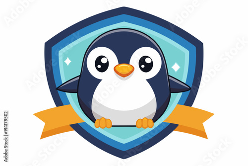 Cute Cartoon Penguin with Shield and Ribbon