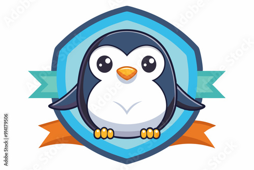 Cartoon Penguin with Cute Eyes in a Blue Shield with Ribbons