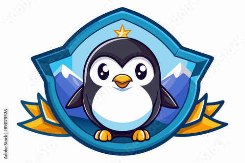 Cartoon Penguin in Blue Shield with Mountains and Gold Star