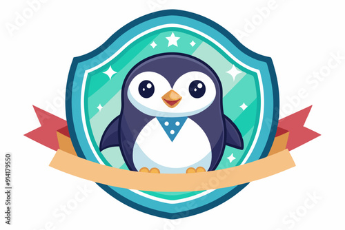 Cute Cartoon Penguin Inside a Blue Shield with a Banner
