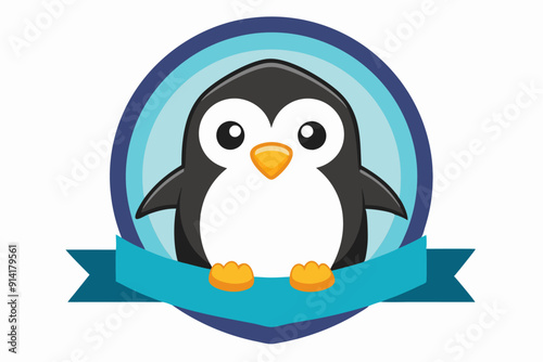 Cartoon Penguin with Blue and Teal Ribbon Banner