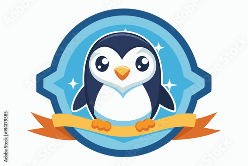 Cute Cartoon Penguin with Blue and Yellow Ribbon