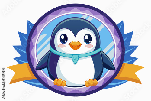 Cute Cartoon Penguin with Blue Scarf in a Purple and Blue Circular Frame with Orange Ribbon