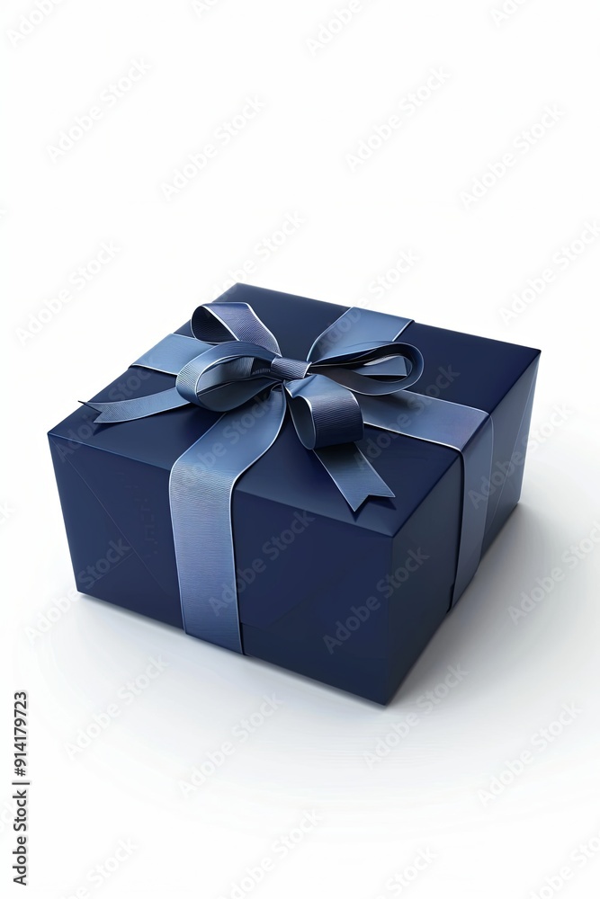 A navy blue gift box with a silver ribbon and bow. A navy blue gift box with a silver ribbon and bow.