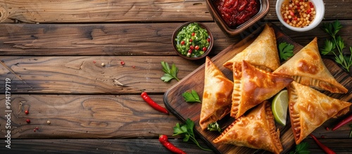 Wooden board displaying delicious Uzbek samsa with copy space image on the background photo