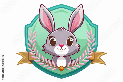Cute Cartoon Rabbit with Pink Ears in a Green Shield with Floral Decoration