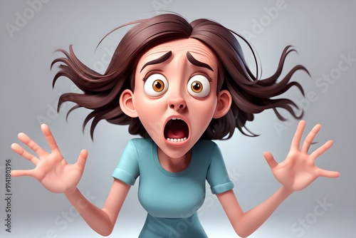 terrified woman, hands raised in defence.