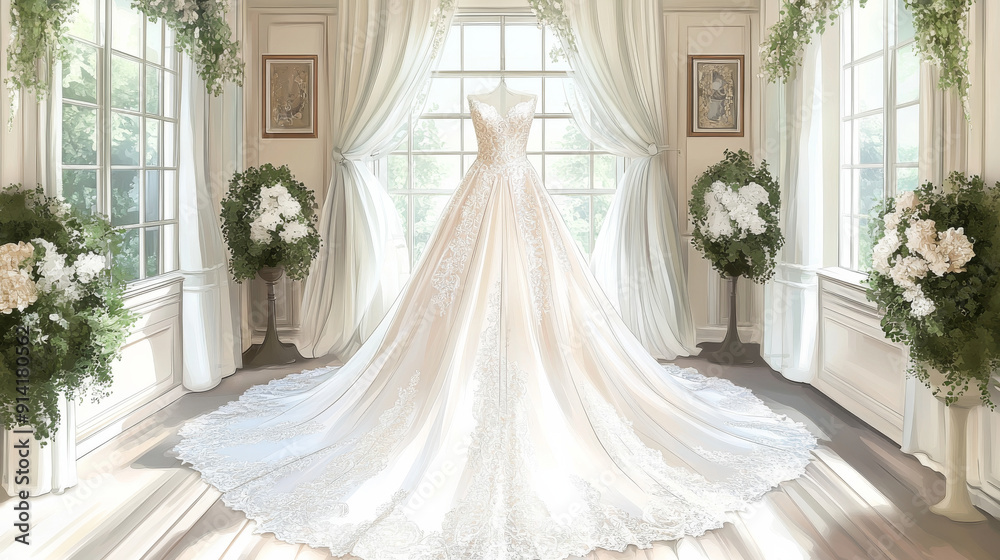 A white dress is displayed in a room with a window and potted plants A white dress is displayed in a room with a window and potted plants