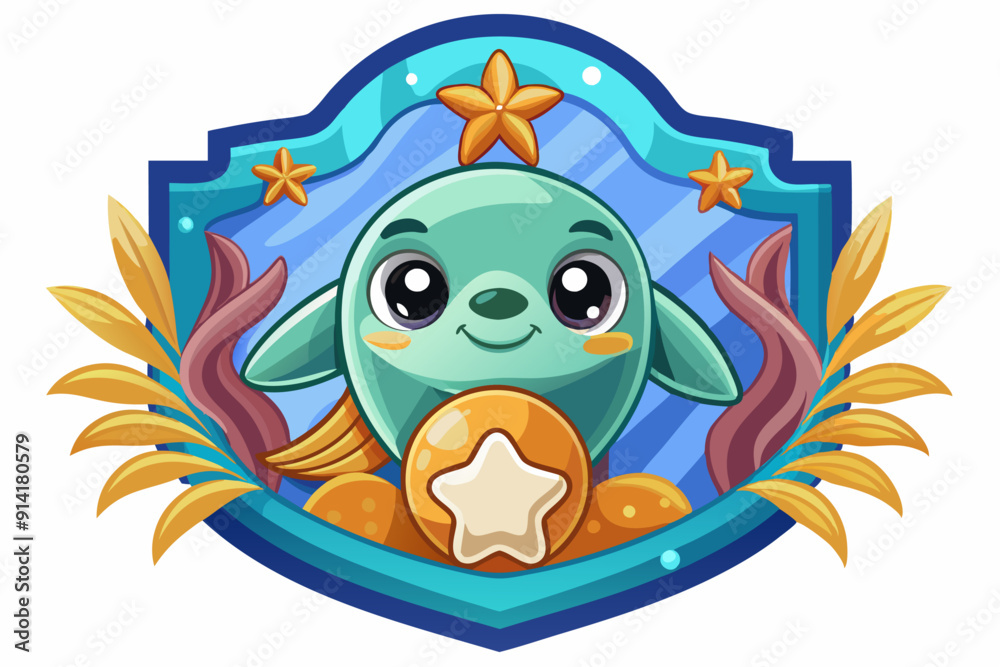 Fototapeta premium Cartoon Seal with Starfish in a Shield-Shaped Frame