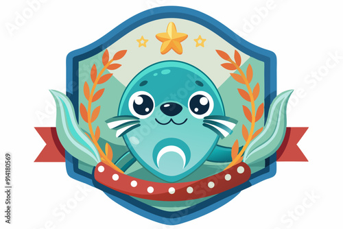 Cute Cartoon Seal in a Decorative Shield Emblem