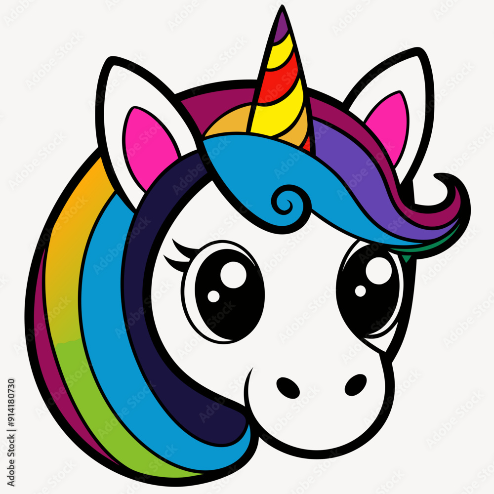 A kawaii unicorn head with a rainbow mane and horn A kawaii unicorn head with a rainbow mane and horn
