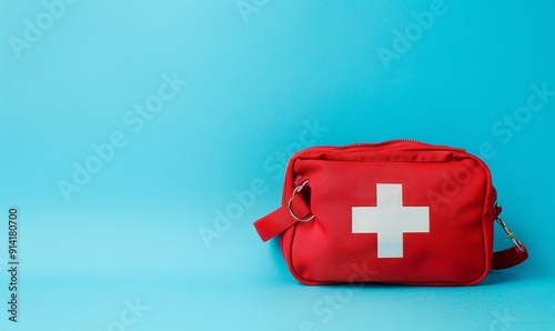 Blue backdrop with a red first aid kit or bag and copy space, Generative AI.