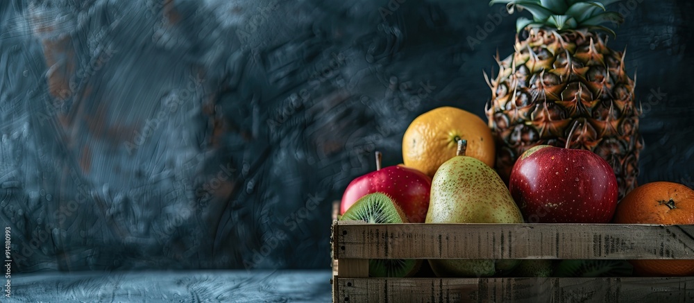 Φωτογραφία Wooden box contains a variety of fruits like pineapple garnet tangerine apple an