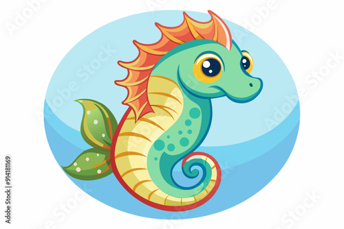 Cartoon Seahorse with Green and Yellow Stripes and a Red Crest