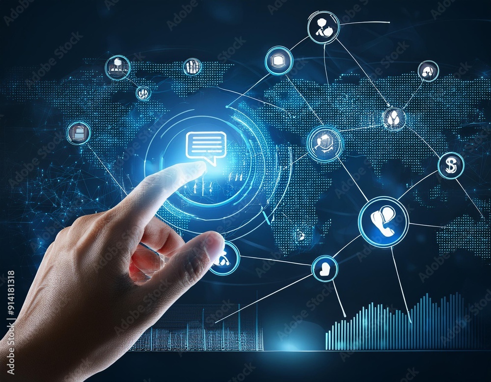 Marketing concept. hand touch phone icon on virtual screen and financial icons Marketing concept. hand touch phone icon on virtual screen and financial icons