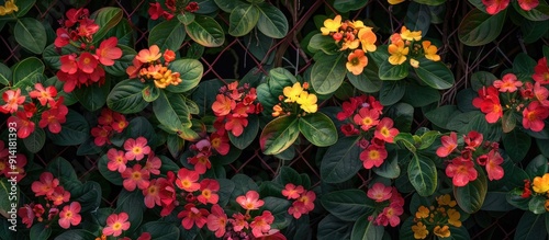 A vibrant mix of red and yellow Euphorbia Milii Desmoul flowers sits alongside Pink Red Poi Sian blooms on a bush near a fence creating a cheerful card pattern against a copy space image photo