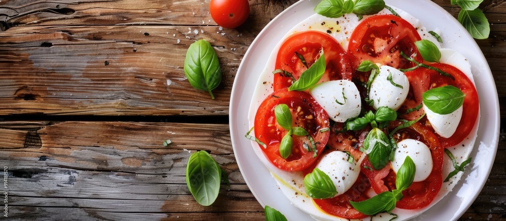 Top view of a plate with caprese salad a classic Italian dish featuring cherry tomatoes fresh mozzarella and basil leaves on a rustic wooden table with copy space image Top view of a plate with caprese salad a classic Italian dish featuring cherry tomatoes fresh mozzarella and basil leaves on a rustic wooden table with copy space image